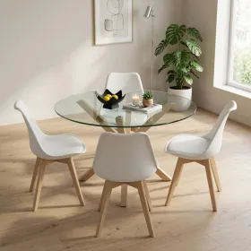 Comedor Mesa Vidrio 100cm 4 Sillas Tulip Acolchada