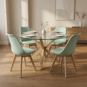 Comedor Mesa Vidrio 100cm 4 Sillas Tulip Acolchada