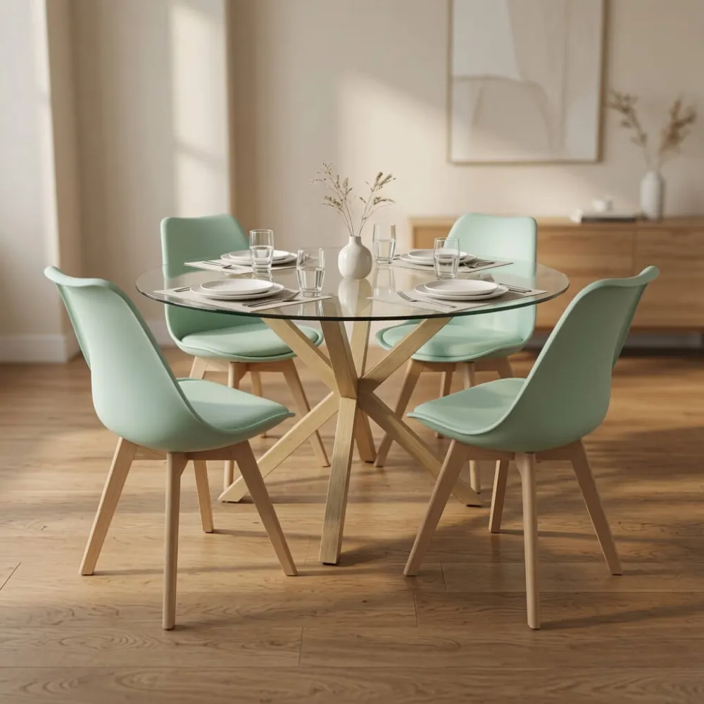 Comedor Mesa Vidrio 100cm 4 Sillas Tulip Acolchada