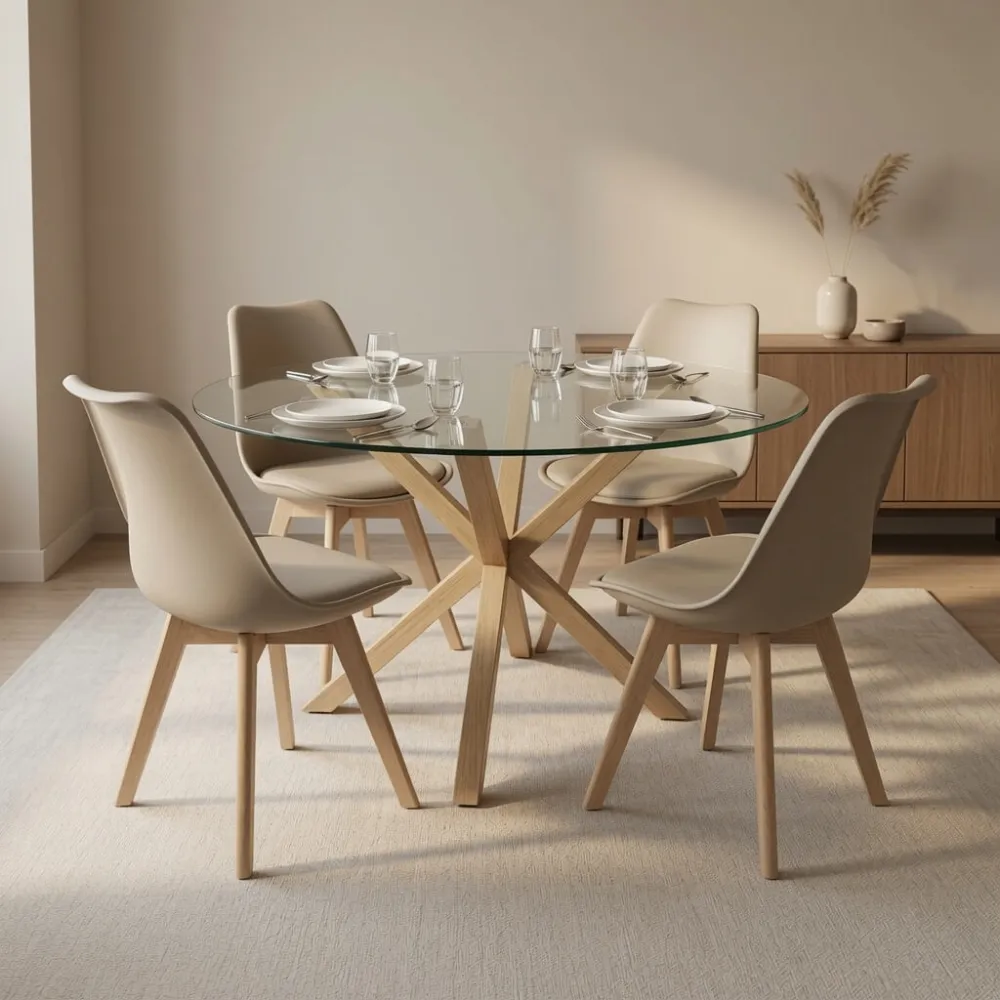 Comedor Mesa Vidrio 100cm 4 Sillas Tulip Acolchada