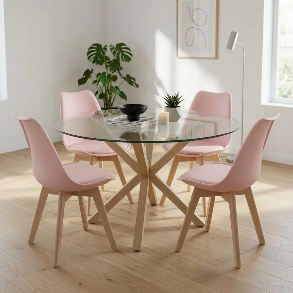 Comedor Mesa Vidrio 100cm 4 Sillas Tulip Acolchada