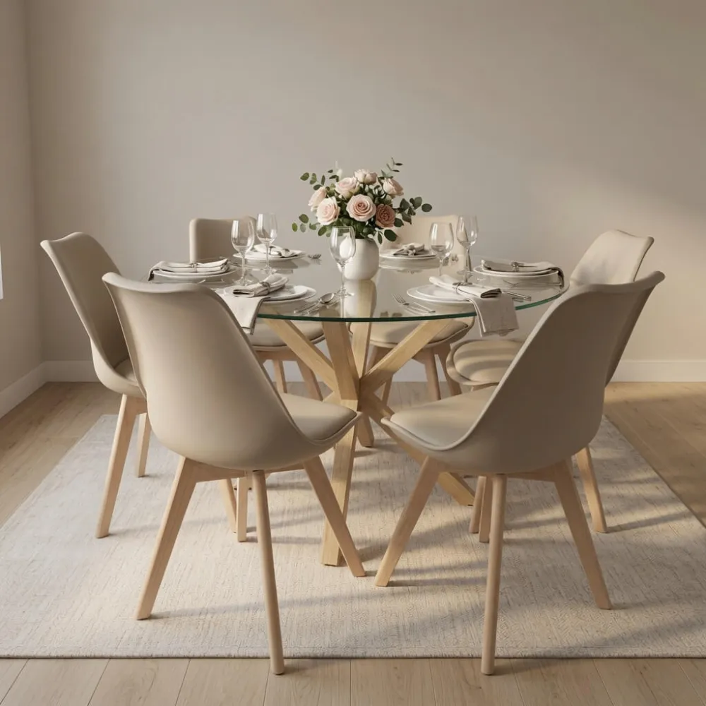 Comedor Mesa Vidrio 120cm 6 Sillas Tulip Acolchada