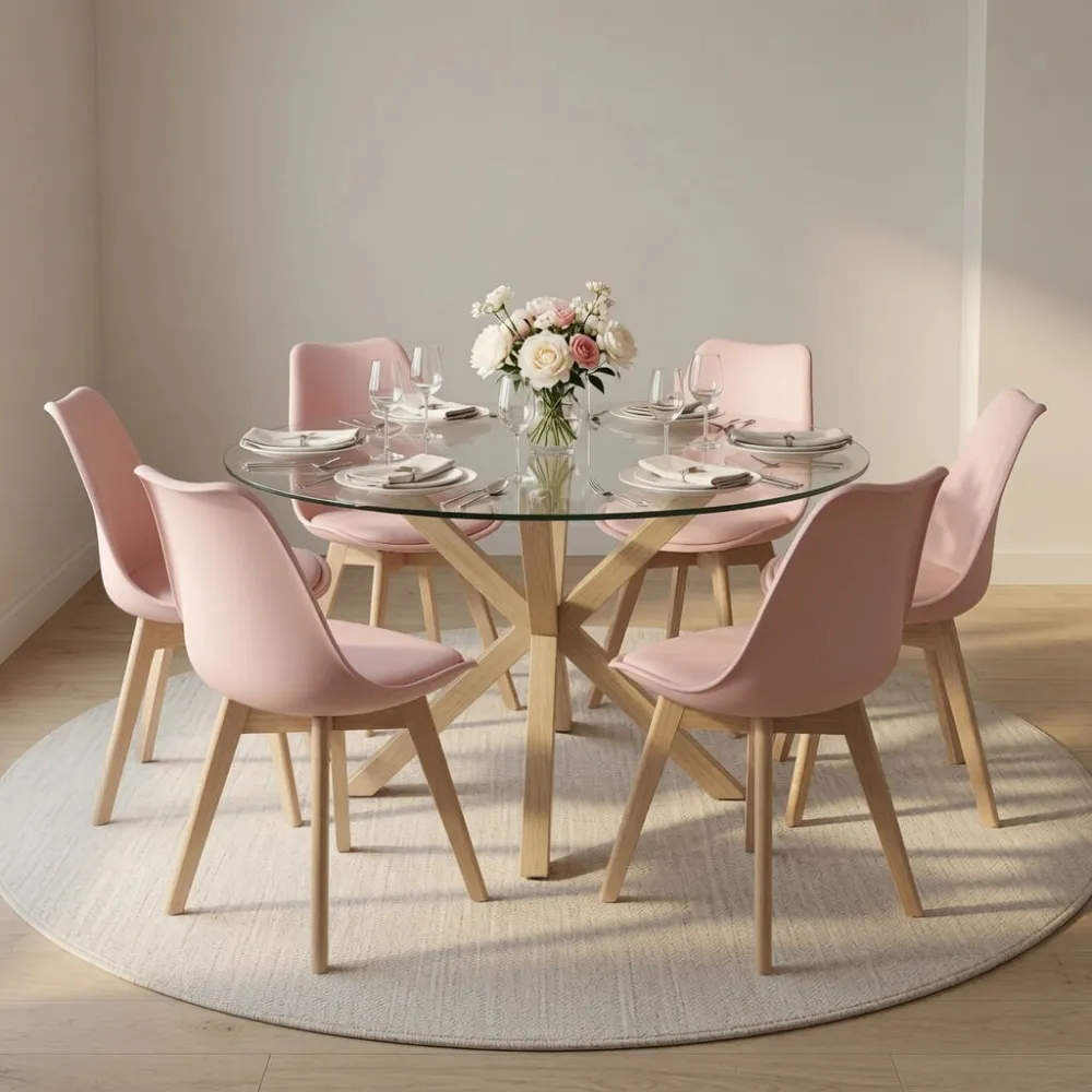 Comedor Mesa Vidrio 120cm 6 Sillas Tulip Acolchada