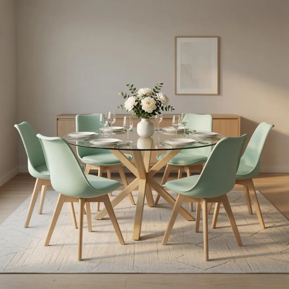 Comedor Mesa Vidrio 120cm 6 Sillas Tulip Acolchada