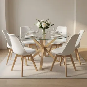 Comedor Mesa Vidrio 120cm 6 Sillas Tulip Acolchada