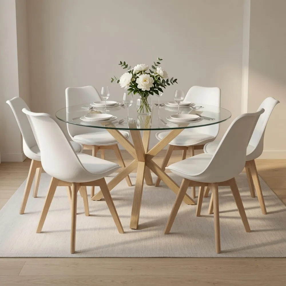 Comedor Mesa Vidrio 120cm 6 Sillas Tulip Acolchada