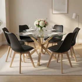 Comedor Mesa Vidrio 120cm 6 Sillas Tulip Acolchada