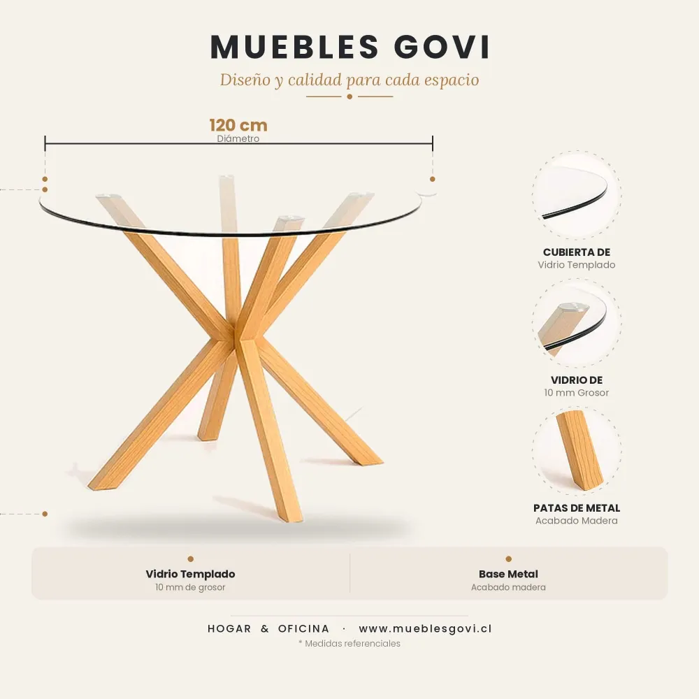 Comedor Mesa Vidrio 120cm 6 Sillas Tulip Acolchada