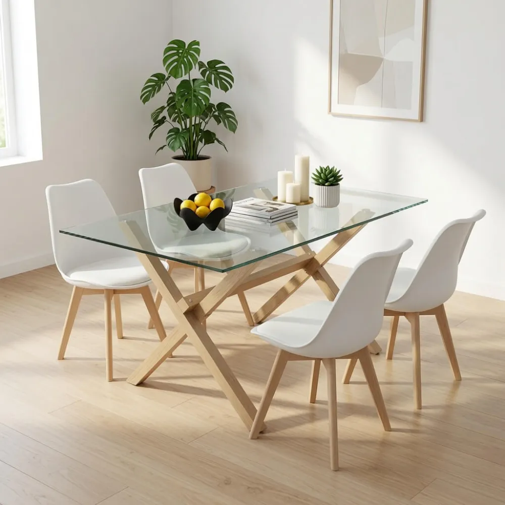 Comedor Mesa Vidrio 140x90cm 4 Sillas Tulip Acolchada
