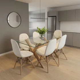 Comedor Mesa Vidrio 140x90cm 6 Sillas Buckle Ecocuero
