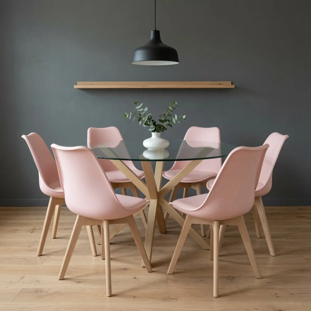Comedor Mesa Vidrio 120cm 6 Sillas Tulip Acolchada