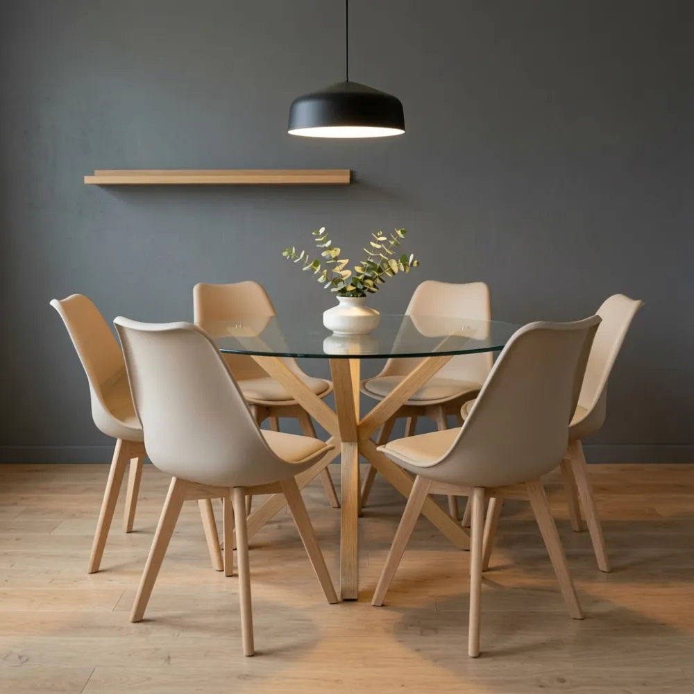 Comedor Mesa Vidrio 120cm 6 Sillas Tulip Acolchada