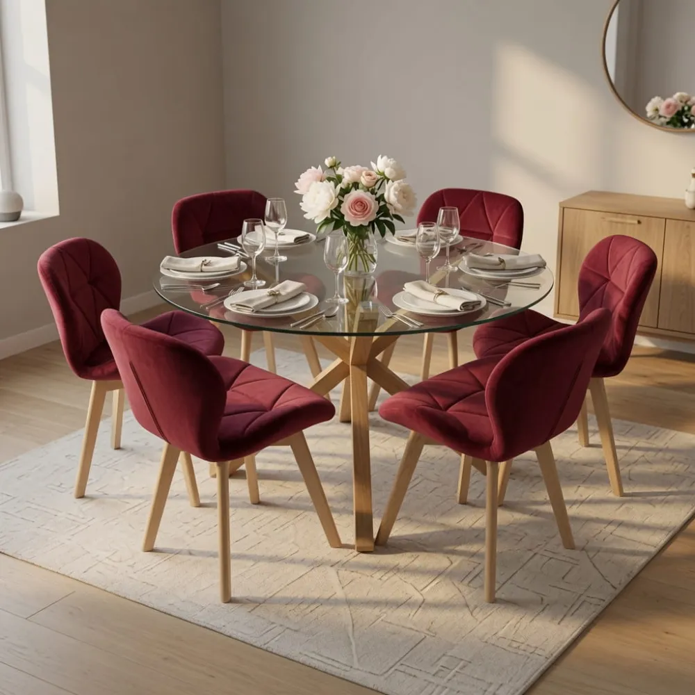 Comedor Mesa Vidrio 120cm 6 Sillas Velvet Felpa