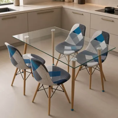 Comedor Rectangular Vidrio 120x80cm 4 Sillas Patchwork Lino
