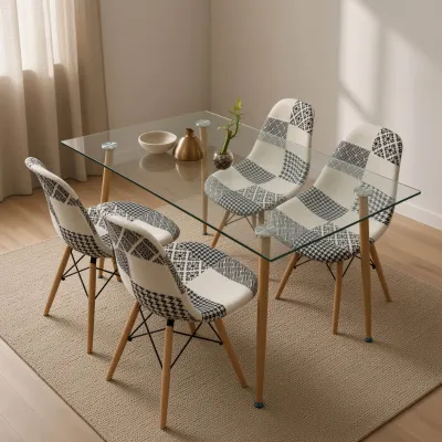 Comedor Rectangular Vidrio 120x80cm 4 Sillas Patchwork Lino