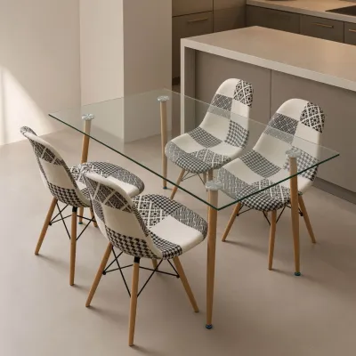 Comedor Rectangular Vidrio 120x80cm 4 Sillas Patchwork Lino