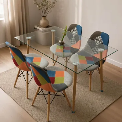 Comedor Rectangular Vidrio 120x80cm 4 Sillas Patchwork Lino