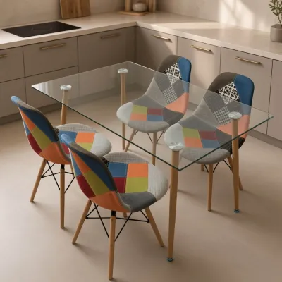 Comedor Rectangular Vidrio 120x80cm 4 Sillas Patchwork Lino
