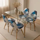 Comedor Rectangular Vidrio 120x80cm 4 Sillas Patchwork Lino