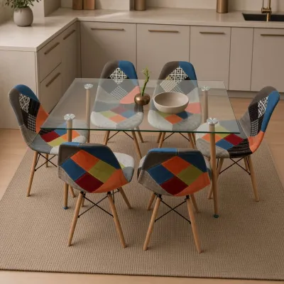 Comedor Rectangular Vidrio 120x80cm 6 Sillas Patchwork Lino