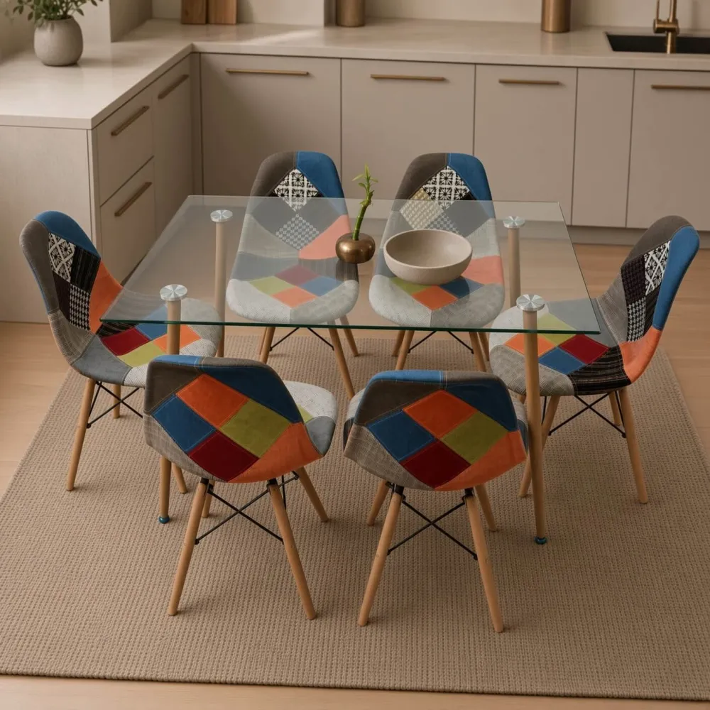 Comedor Rectangular Vidrio 120x80cm 6 Sillas Patchwork Lino