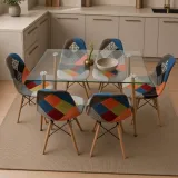 Comedor Rectangular Vidrio 120x80cm 6 Sillas Patchwork Lino