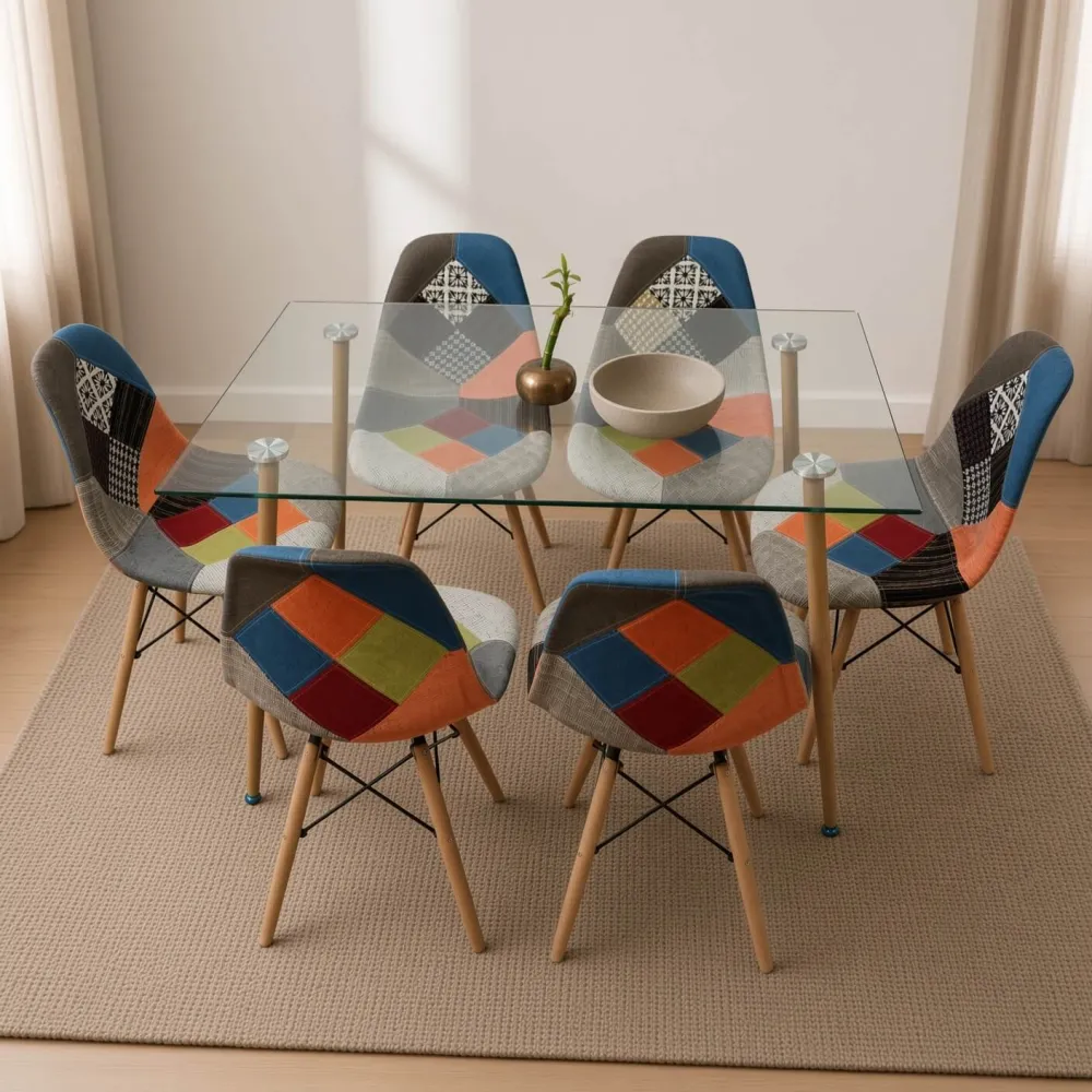 Comedor Rectangular Vidrio 120x80cm 6 Sillas Patchwork Lino
