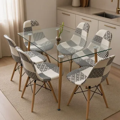 Comedor Rectangular Vidrio 120x80cm 6 Sillas Patchwork Lino