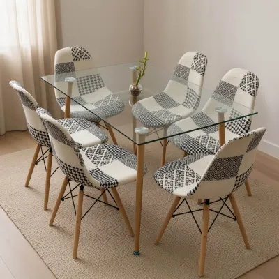 Comedor Rectangular Vidrio 120x80cm 6 Sillas Patchwork Lino