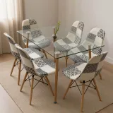 Comedor Rectangular Vidrio 120x80cm 6 Sillas Patchwork Lino