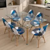 Comedor Rectangular Vidrio 120x80cm 6 Sillas Patchwork Lino