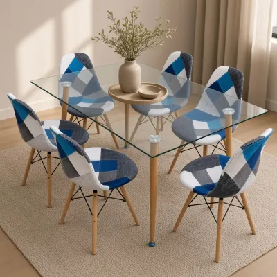 Comedor Rectangular Vidrio 120x80cm 6 Sillas Patchwork Lino