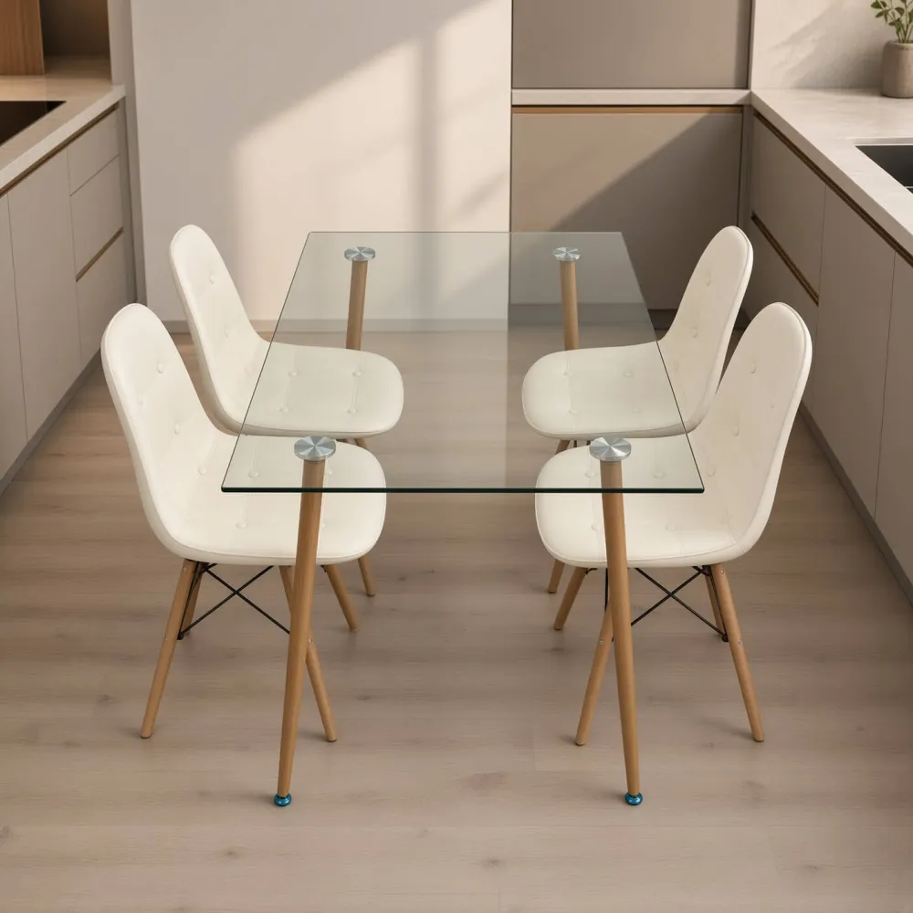 Comedor Rectangular Vidrio 120x80cm 4 Sillas Buckle Ecocuero