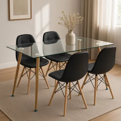 Comedor Rectangular Vidrio 120x80cm 4 Sillas Buckle Ecocuero