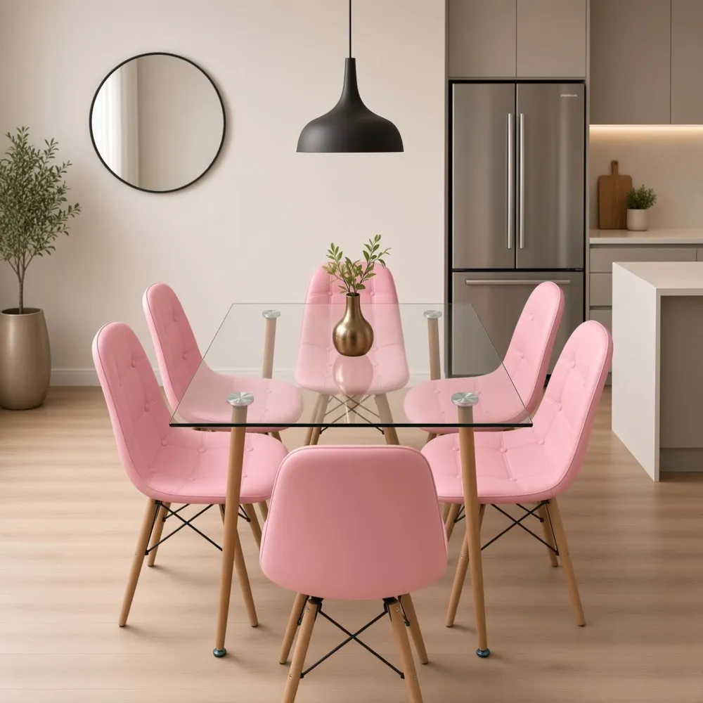 Comedor Rectangular Vidrio 120x80cm 6 Sillas Buckle Ecocuero
