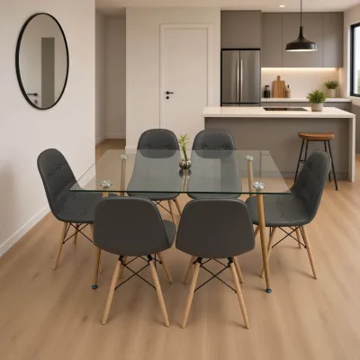 Comedor Rectangular Vidrio 120x80cm 6 Sillas Buckle Ecocuero