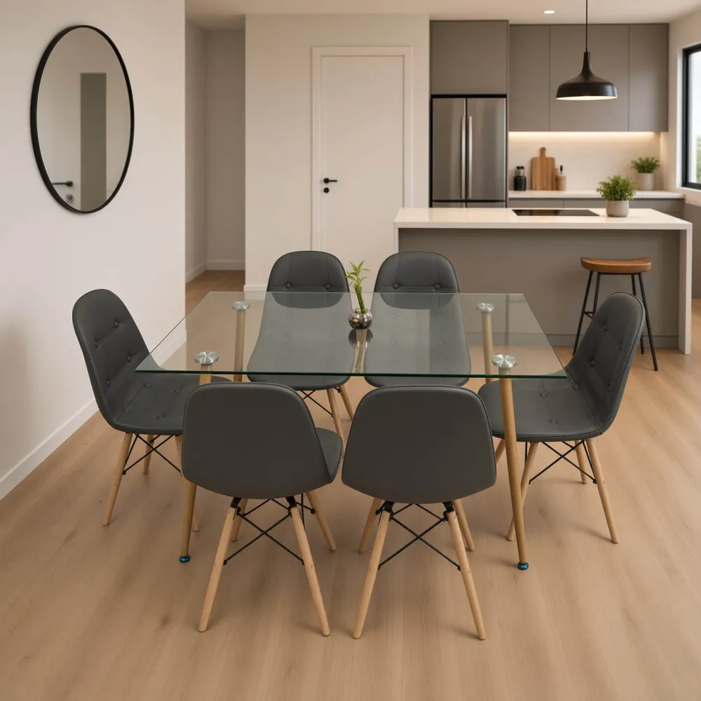 Comedor Rectangular Vidrio 120x80cm 6 Sillas Buckle Ecocuero