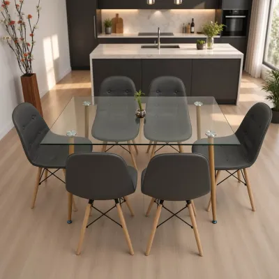 Comedor Rectangular Vidrio 120x80cm 6 Sillas Buckle Ecocuero