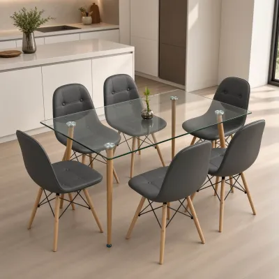 Comedor Rectangular Vidrio 120x80cm 6 Sillas Buckle Ecocuero