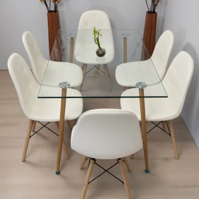 Comedor Rectangular Vidrio 120x80cm 6 Sillas Buckle Ecocuero