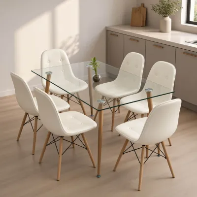 Comedor Rectangular Vidrio 120x80cm 6 Sillas Buckle Ecocuero