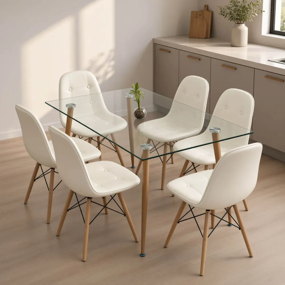 Comedor Rectangular Vidrio 120x80cm 6 Sillas Buckle Ecocuero