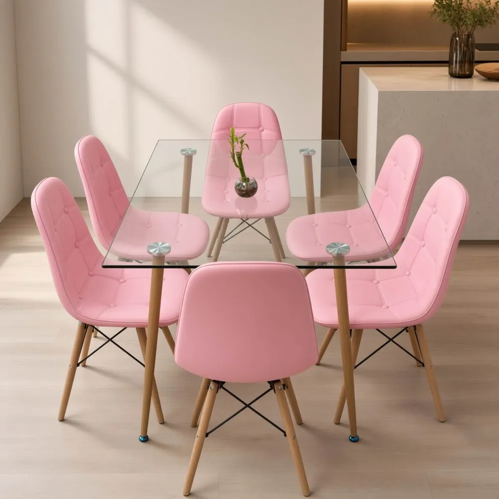 Comedor Rectangular Vidrio 120x80cm 6 Sillas Buckle Ecocuero