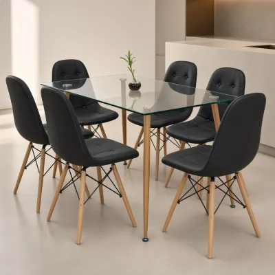 Comedor Rectangular Vidrio 120x80cm 6 Sillas Buckle Ecocuero