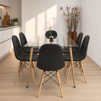 Comedor Rectangular Vidrio 120x80cm 6 Sillas Buckle Ecocuero