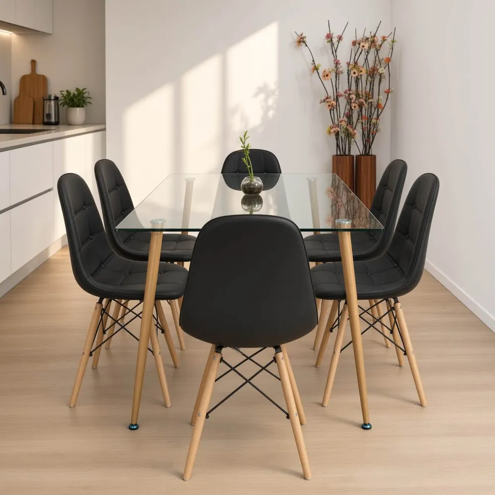 Comedor Rectangular Vidrio 120x80cm 6 Sillas Buckle Ecocuero