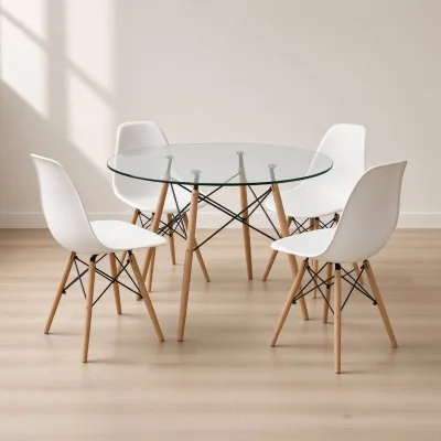 Comedor Mesa Redonda Vidrio 100cm 4 Sillas Eames Polipropileno