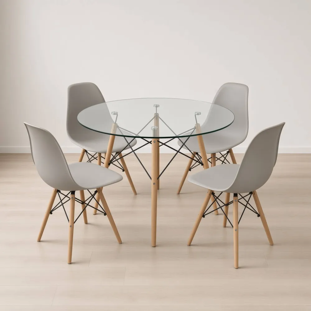 Comedor Mesa Redonda Vidrio 100cm 4 Sillas Eames Polipropileno