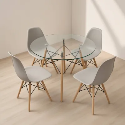Comedor Mesa Redonda Vidrio 100cm 4 Sillas Eames Polipropileno