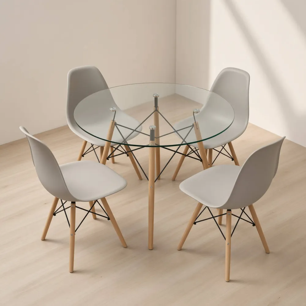 Comedor Mesa Redonda Vidrio 100cm 4 Sillas Eames Polipropileno